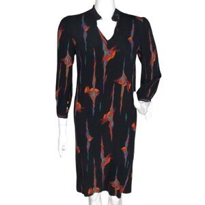 Vintage LANVIN Silk Dress, Tagged 42, Black/Striped Swirls, 3/4 sleeve, Keyhole